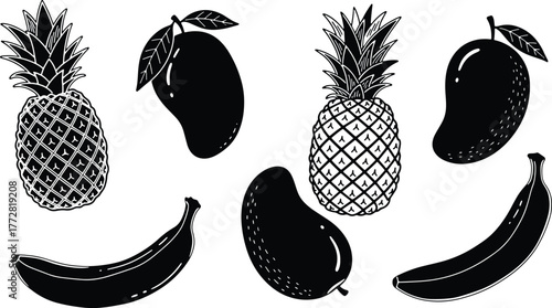 Black and white tropical fruit illustration with pineapples mangos and bananas