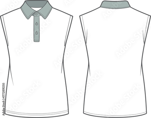 Fashion polo shirt vector, sleeveless top design, front and back view, colored garment sketch, collar and button placket, minimalistic tee, CAD drawing flat vector illustration