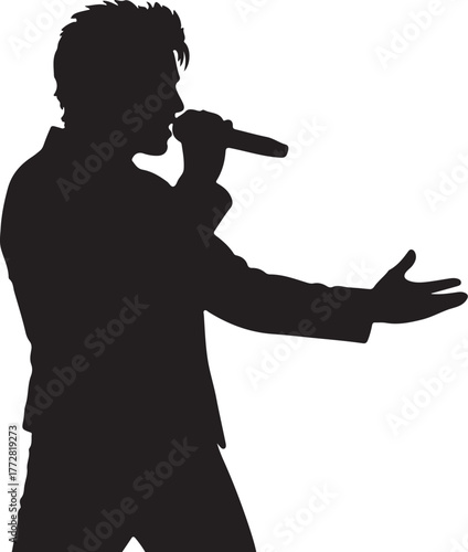 Silhouette of a performer on stage holding a microphone, singing passionately with an outstretched arm, captivating the audience during a live music concert