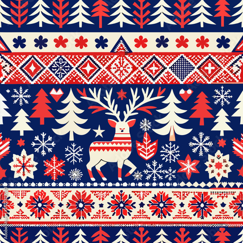 seamless christmas winter pattern, nordic scandinavian style, red, navy blue, white,