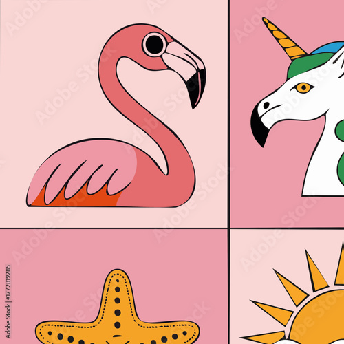 Whimsical Flamingo and Unicorn Illustration with Starfish and Sun.