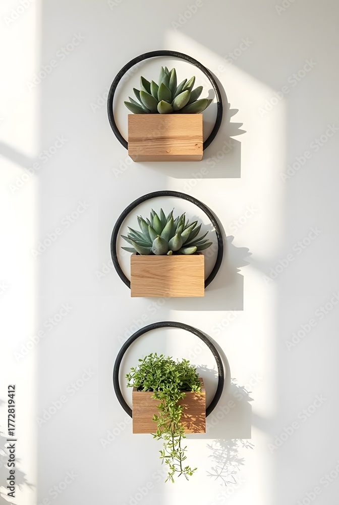 Fototapeta premium Three vertical wall planters showcase green plants in wooden boxes and black rings, vertical composition. Bright sun casts crisp shadows, adding depth to the clean white walls modern look.