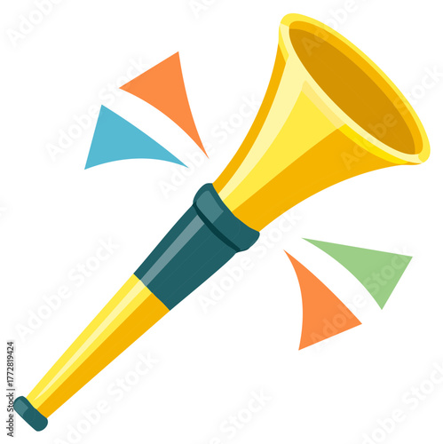 Vibrant yellow party horn illustration with green accents and colorful sound waves symbolizing celebration