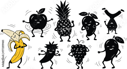 Cartoon fruits dancing with happy faces in a playful design