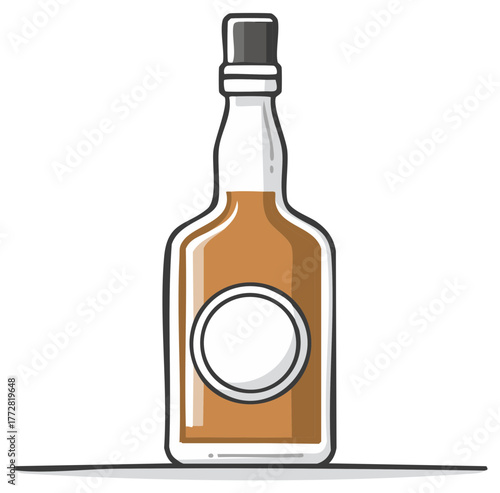 Cartoon illustration of a classic whiskey bottle with a blank round label
