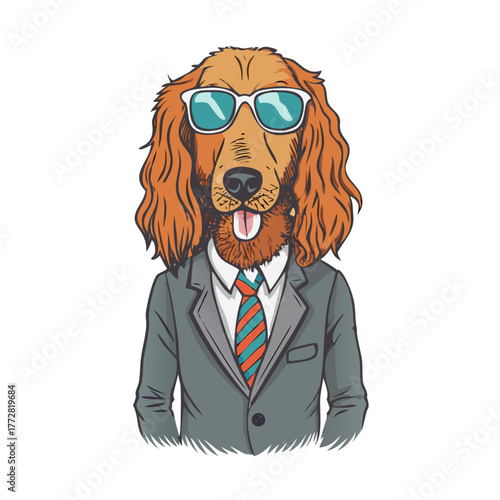 Humanized Irish Setter breed dog dressed up in retro outfits. Design for dogs lovers. Fashion anthropomorphic doggy illustration. Animal wear suit, tie, glasses. Hand drawn vector .icon

