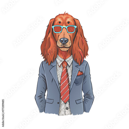 Humanized Irish Setter breed dog dressed up in retro outfits. Design for dogs lovers. Fashion anthropomorphic doggy illustration. Animal wear suit, tie, glasses. Hand drawn vector .icon
