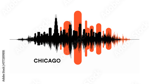 Chicago Skyline Silhouette: A striking graphic representation of the Chicago skyline, merging architectural profiles with a dynamic wave pattern, capturing the city's pulse and vibrant urban essence.