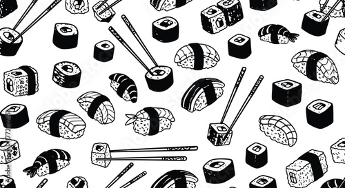 Delicious monochrome sushi pattern featuring a variety of rolls and nigiri