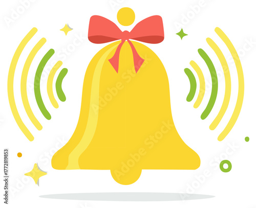 Festive Yellow Bell with Red Bow Echoing Sound Waves and Sparkling Stars Holiday Celebration