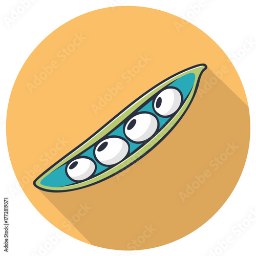 Cartoon illustration of a pea pod containing four green peas in a round shape