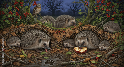 Family of Hedgehogs Foraging at Night Under the Watch of an Owl
A charming and detailed illustration of a family of European hedgehogs emerging from their burrow