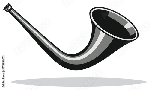 Stylized illustration of a black and gray instrument with trumpet bell and curved design