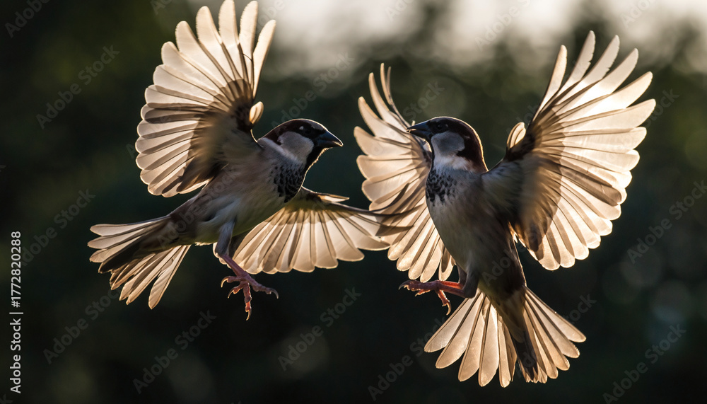 Obraz premium Two sparrows with outstretched wings face each other mid air, illuminated by sunlight, creating dramatic and dynamic scene with blurred natural background