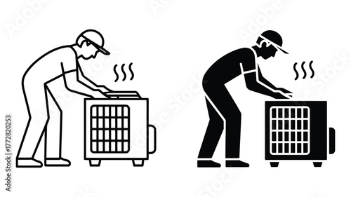 Vector art of Air conditioner repair icon showing a person fixing an ac unit, presented in both a line drawing and a solid black silhouette