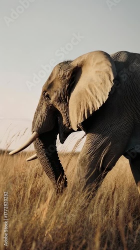A majestic elephant traversing a field of tall grass during daylight