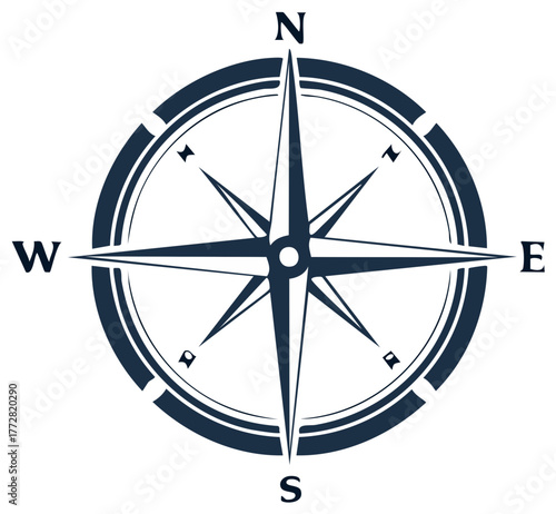 Nautical Compass Rose Symbol Indicating Cardinal Directions North East South West Design Element on Plain Background