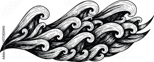 Engraved wave design black and white ocean wave illustration artwork