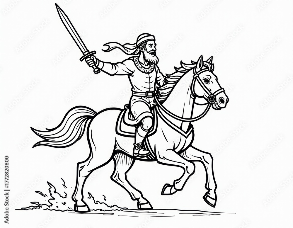 Fototapeta premium Warrior Rider on Horse with Sword - Black and White Line Art