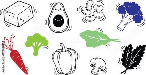 Fresh and Colorful Vector Doodle Vegetables and Plant Based Protein Elements