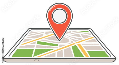 Navigation concept with red location pin marker on a stylized digital map displayed on a mobile device