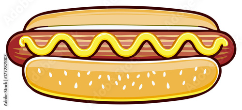 Classic cartoon hot dog illustration with wavy yellow mustard and sesame seed bun
