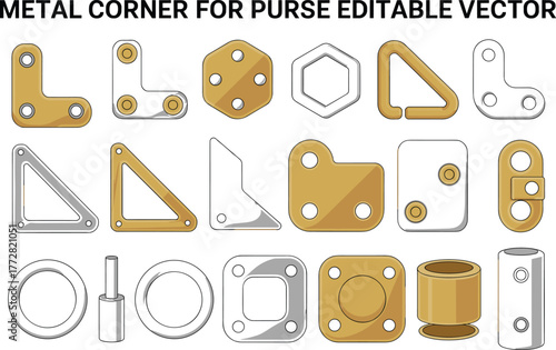 Metal purse corner vector, handbag connector design, gold silver hardware, CAD drawing, flat illustration, technical sketch, accessory fitting, editable component set