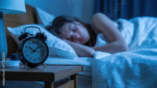 Alarm clock glowing beside messy sheets depicts insomnia and mental exhaustion. Mental health and sleeping problems concept