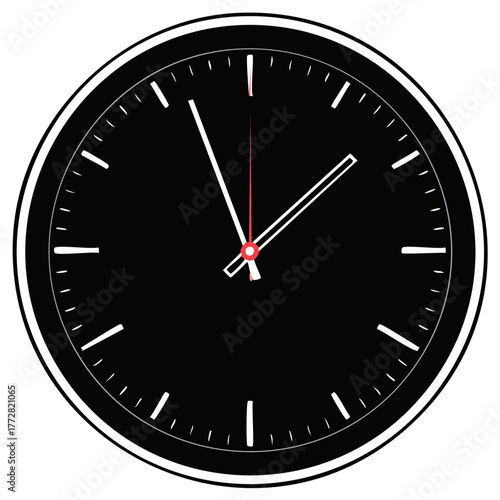 Black Analog Clock Face with White Markings and Red Second Hand