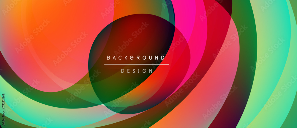Fototapeta premium Abstract colorful layers create dynamic circular design. Vibrant gradients blend, forming modern background. Text reads background design.