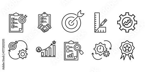 key performance indicator (kpi)  icon set collection in outline style. Icon pack contain KPI, objective,akuntability,target,  measurement, optimization, strategy, performance, evaluation,achievement, 