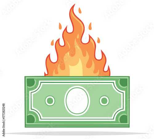 Burning Dollar Bill Illustration: Financial Loss, Expense, Waste, Economic Crisis