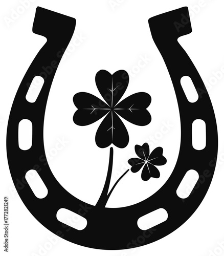 Symbolic black horseshoe enclosing lucky four leaf clovers a powerful emblem of good fortune and Irish charm