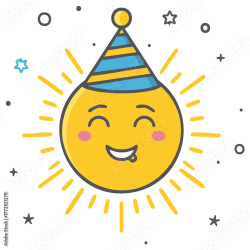 Joyful sun cartoon character with party hat, rays, dots, stars, and cheerful expression