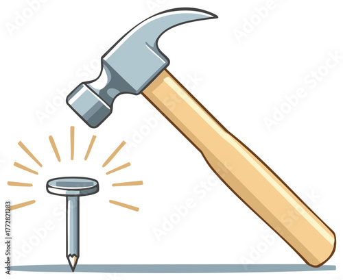 Cartoon claw hammer hitting a nail on the head representing success precision and construction