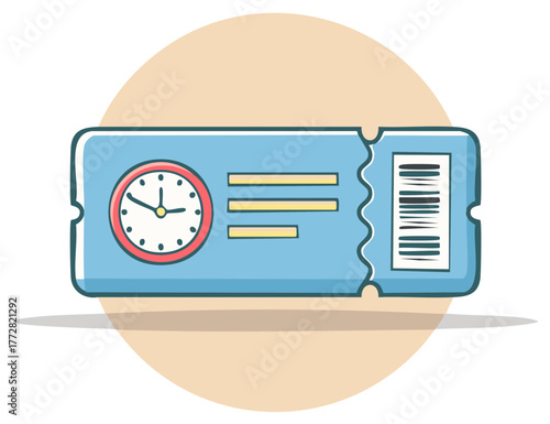 Blue ticket with a clock and barcode illustration