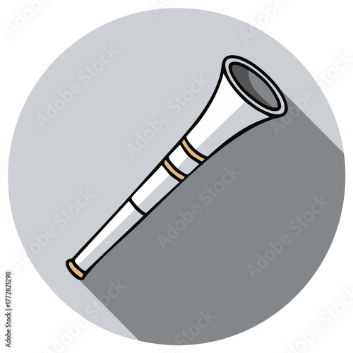 Cartoon illustration of a wind instrument on a gray circle background.