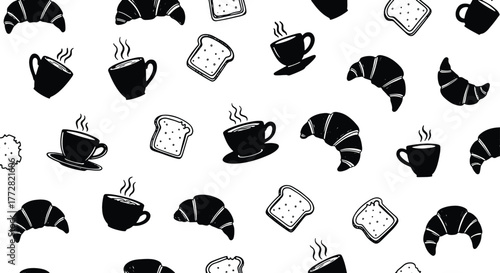 Seamless Breakfast Pattern Background with Coffee Croissants and Toast Sketches