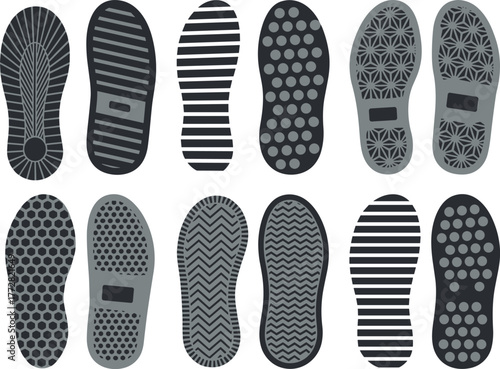 Shoe sole tread pattern, footwear grip texture, sneaker outsole design, CAD sketch, flat vector illustration, geometric traction, technical drawing, sole detail, footwear concept