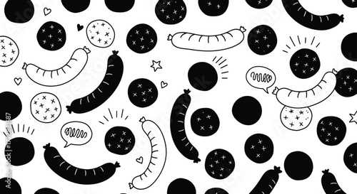Seamless food pattern featuring sausages and meatballs for culinary projects