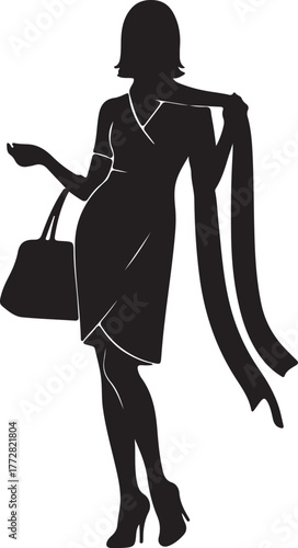 Elegant full-body silhouette of a woman showcasing modern fashion, wearing a chic dress, holding a stylish handbag, and draping a long scarf, ideal for fashion-forward designs and lifestyle branding