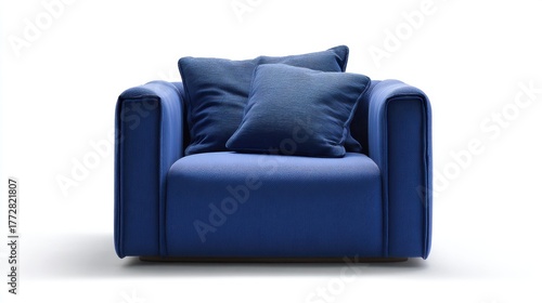 This cozy armchair features deep blue fabric and soft pillows perfect for relaxation and style.
