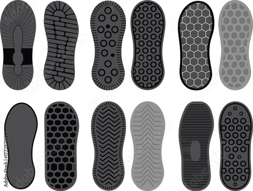 Shoe sole tread vector, footwear grip texture, sneaker outsole pattern, CAD drawing, flat illustration, technical sketch, traction design, sole detail, silhouette view