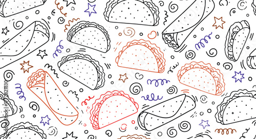 Seamless pattern background of tacos and burritos with playful doodle elements