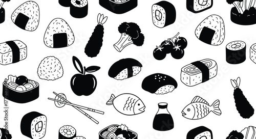 Seamless pattern of Asian food cuisine in black and white illustration