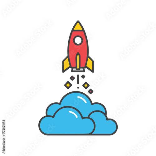 Bright Red Rocket Launching Upward With Flames.