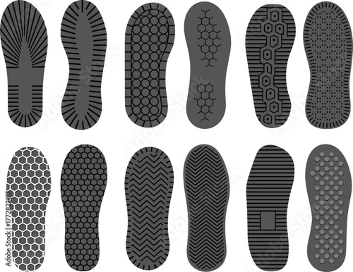 Shoe sole tread vector, footwear grip texture, sneaker outsole pattern, CAD drawing, flat illustration, technical sketch, traction design, sole detail, silhouette view