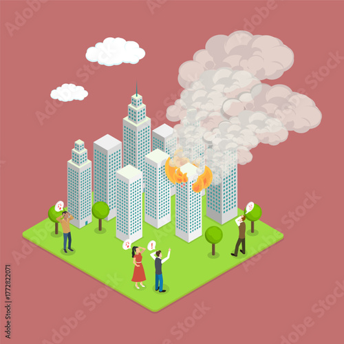 3D Isometric Flat Vector Illustration of Condo in Fire, Tower Of Apartment Building Engulfed In Flames