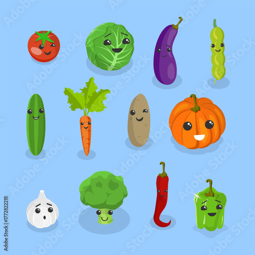 3D Isometric Flat Vector Illustration of Vegetables, Collection Of Comical Cartoon Characters