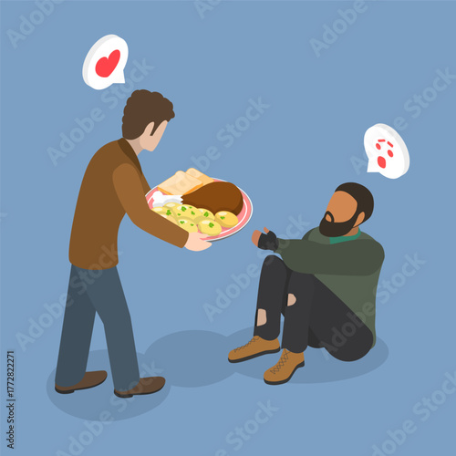 3D Isometric Flat Vector Illustration of Helping a Homeless , Idea For Volunteering To Help People And Make A Difference